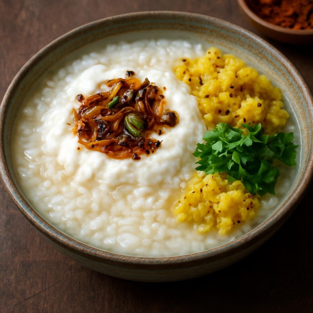 Entree: India – Odisha – ପଖାଳ ଭତ ➤ Pakhāḷa Bhāta (Odia water-soaked or lightly fermented cooked rice served chilled with yogurt, tempered oil, and savory condiments) recipe