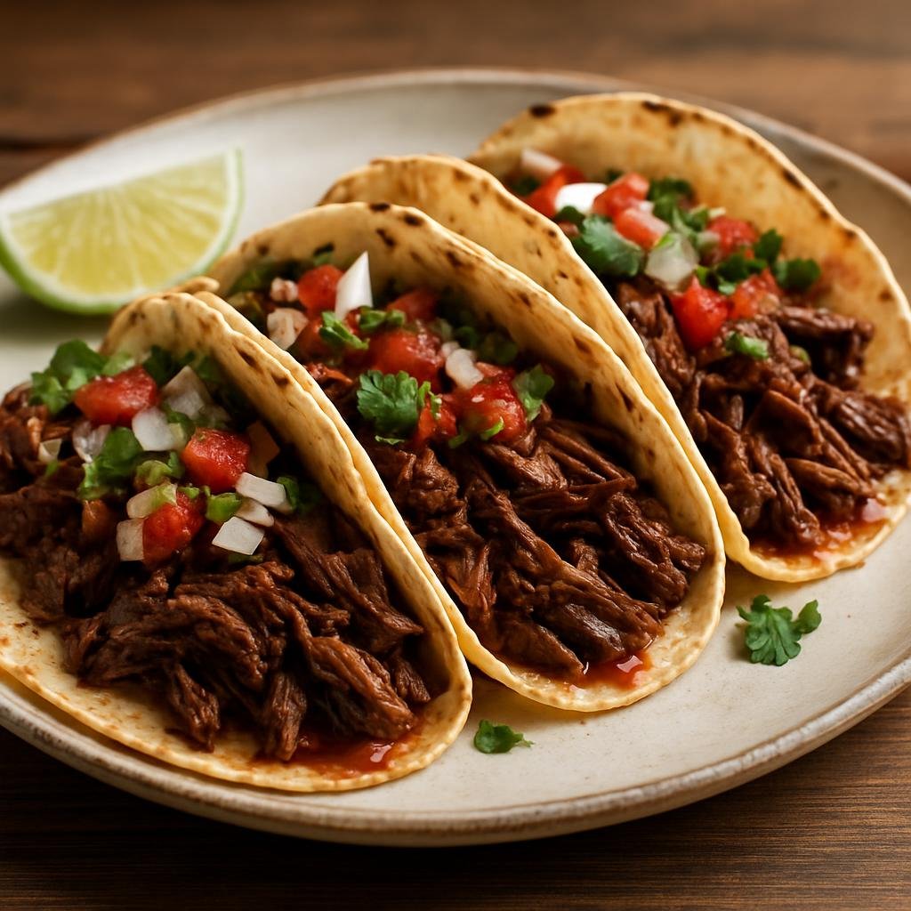 Entree: United States – Tex-Mex Borderlands – Beef Brisket Tacos (Slow-braised shredded beef brisket served in warm tortillas with traditional toppings) recipe