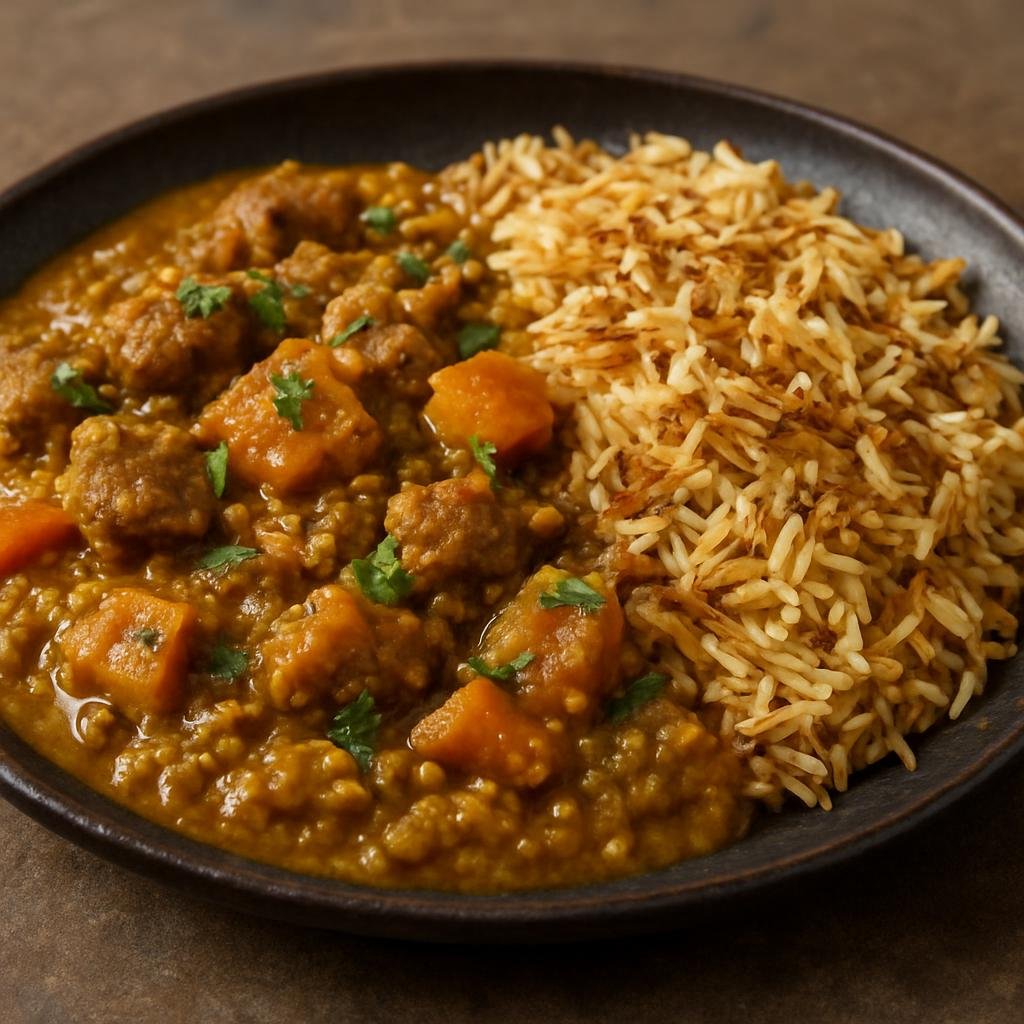 Entree: India – Parsi-Indian – धंसक ➤ Dhansak (Parsi-style spiced meat stew cooked with mixed lentils and pumpkin, traditionally served with caramelized rice) recipe