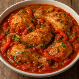 Entree: Italy – Tuscany – Chicken Cacciatore (Hunter-style chicken braised with tomatoes, onions, peppers, and herbs) recipe