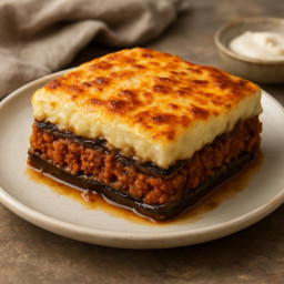 Entree: Greece – Μουσακάς ➤ Moussakás (Layered eggplant and spiced meat casserole topped with béchamel) recipe