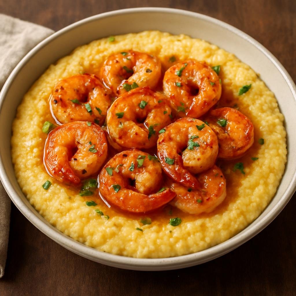 Entree: United States – Southern United States – Shrimp and Grits (Creamy cornmeal porridge topped with savory sautéed shrimp) recipe
