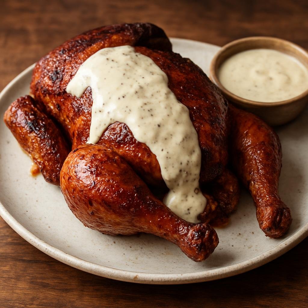 Entree: United States – Southern United States – Smoked Chicken with Alabama White Sauce (Smoked whole chicken served with a tangy mayonnaise and vinegar based Alabama white barbecue sauce) recipe