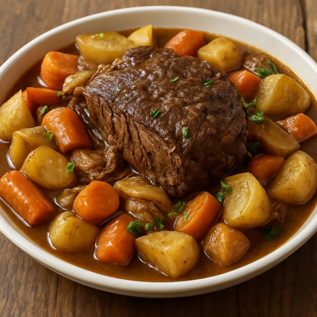 Entree: United States – Southern United States – Beef Pot Roast (Slow-braised beef roast cooked with aromatics and vegetables in a savory gravy) recipe
