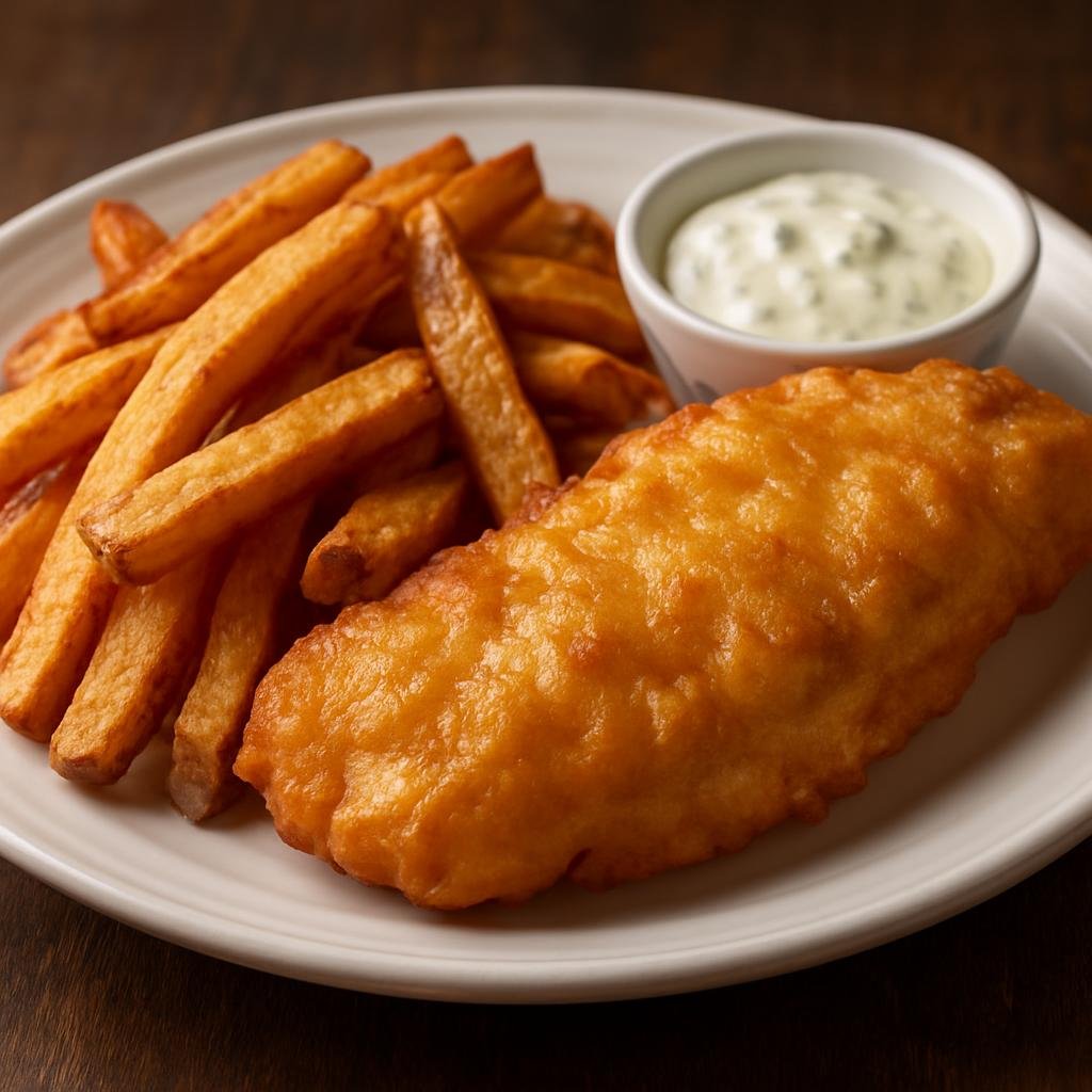 Entree: United States – Alaska Cuisine – Halibut Fish and Chips (Beer-battered fried halibut served with hand-cut fries and tartar sauce) recipe
