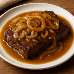 Entree: United States – Texas – Texas Smothered Hanger Steak with Onions (Pan-seared hanger steak smothered in caramelized onions and pan gravy) recipe