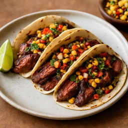 Entree: United States – Texas – Hanger Steak Tacos al Carbón with Charred Corn Salsa (Grilled steak tacos with charred corn salsa) recipe