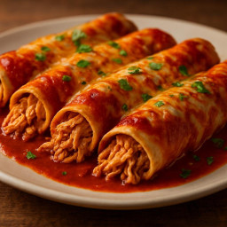 Entree: United States – Texas – Chicken Enchiladas (Tortillas filled with seasoned shredded chicken, rolled and baked in a red chili enchilada sauce.) recipe