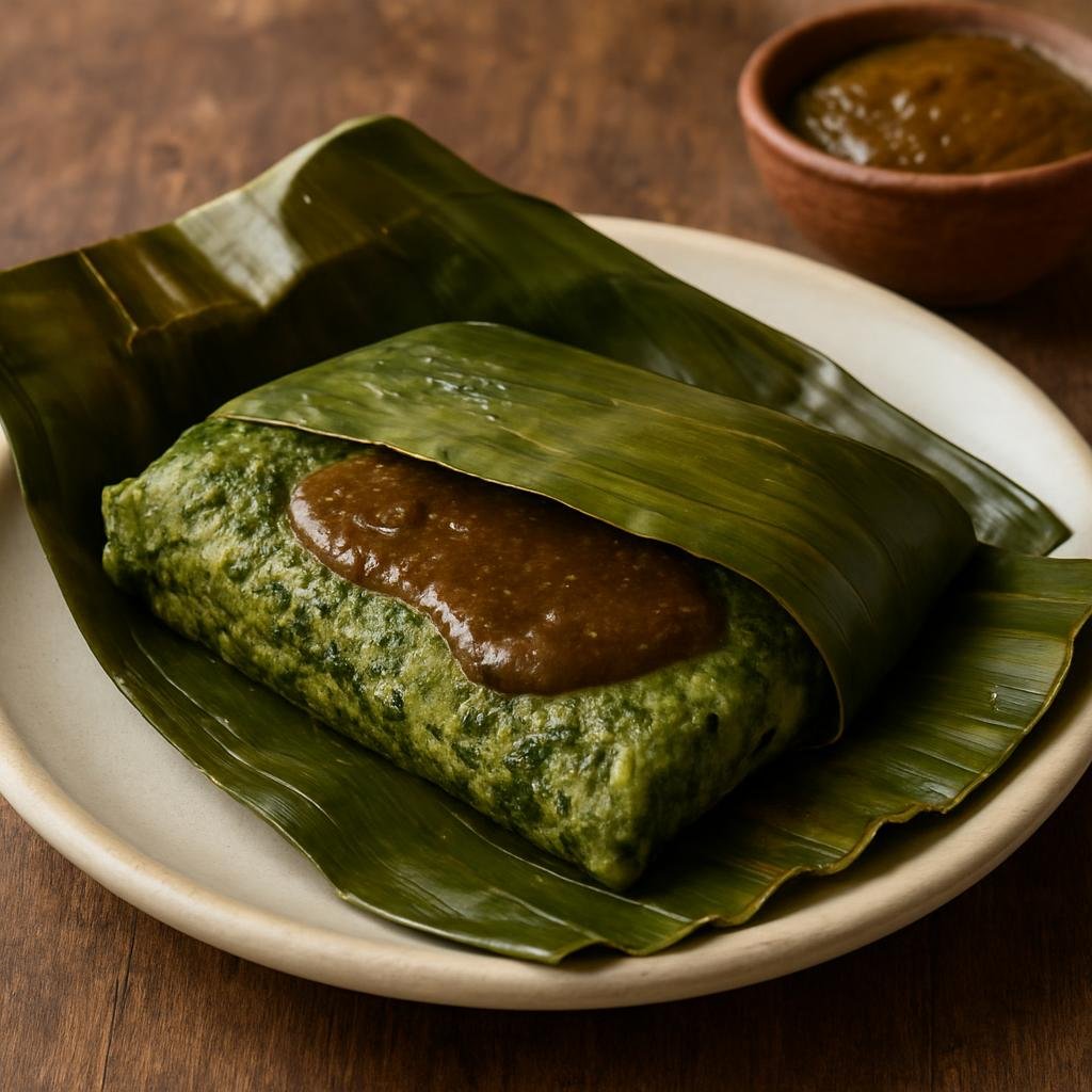 Appetizer: Mexico – Campeche, Yucatan Peninsula – Dzotobichay (Chaya Corn Tamal with Pumpkin Seed Paste) recipe