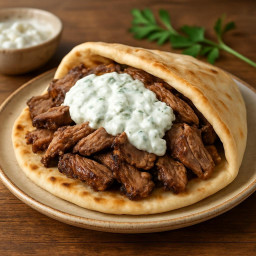 Entree: Greece – Γύρος ➤ Gýros (Rotisserie-style seasoned lamb, sliced and served in pita with tzatziki) recipe