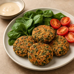 Entree: Lebanon – Baked Chickpea and Quinoa Patties with Tahini and Spinach recipe