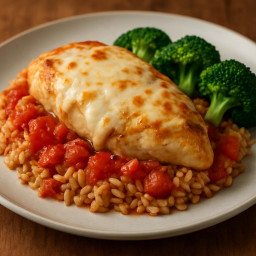 Entree: Italy – Baked Mozzarella Chicken over Tomato Brown Rice recipe