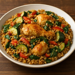 Entree: Spain – Arroz con Pollo (Brown Rice) with Zucchini, Bell Pepper & Spinach (Chicken and Rice) recipe