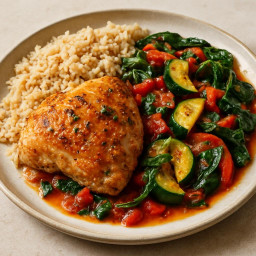 Entree: France – Provence – Poulet Provençal with Brown Rice, Zucchini, Bell Pepper & Spinach (Provencal Chicken) recipe