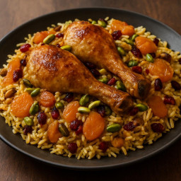 Entree: Iran – مرغ پلو با قیسی و پسته ➤ Morgh Polo ba qeysi va pesteh (Chicken pilaf with dried apricots and pistachios) recipe