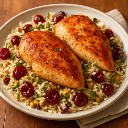 Entree: United States – Pan-Seared Chicken Breasts with Cherry-Pistachio Basmati Pilaf recipe