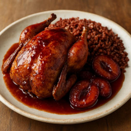 Entree: United States – Great Plains – Prairie-Roasted Partridge with Plum Glaze and Red Rice recipe