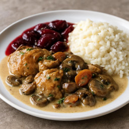 Entree: France – French-Style Pheasant Fricassée with Plum Compote and Creamed Bomba Rice recipe