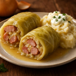 Entree: Poland – Kielbasa-Stuffed Cabbage Leaves with Mashed Potato Binder recipe