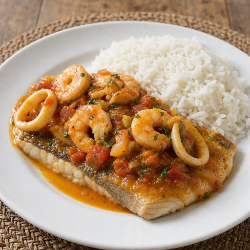 Entree: Peru – Northern Peruvian coast – Pescado a lo macho (Fish a lo macho (fish topped with spicy seafood sauce)) recipe