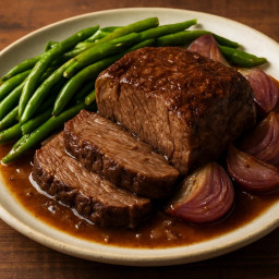 Entree: United States – Classic American Pot Roast with Green Beans and Red Onions recipe