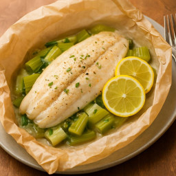 Entree: France – Sole en Papillote with Leeks and Lemon (Sole baked in parchment with leeks and lemon) recipe