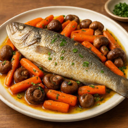 Entree: Italy – Branzino al Forno con Carote e Funghi (Baked sea bass with carrots and mushrooms) recipe