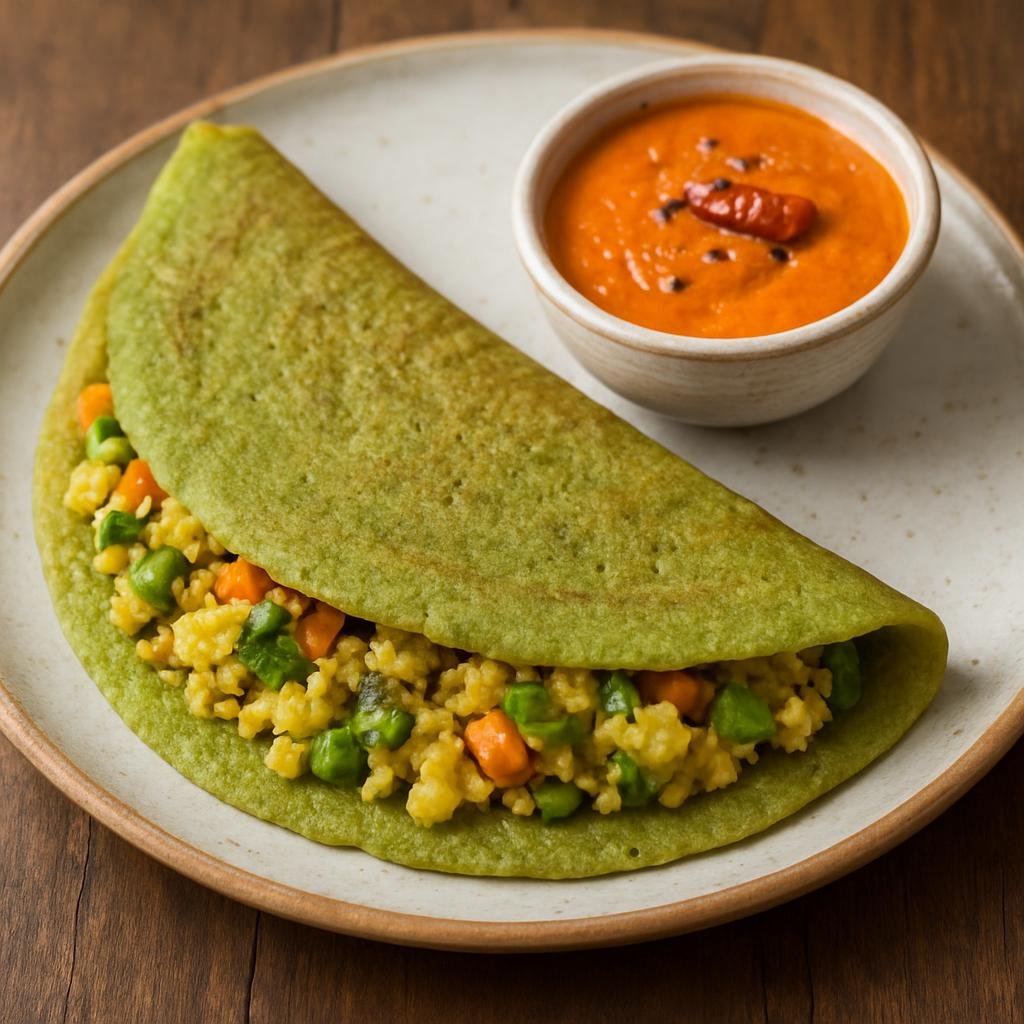 Entree: India – Coastal Andhra – పెసరట్టు ఉప్మా ➤ Pesarattu Uppumā (Green Gram Crepe with Upma) recipe