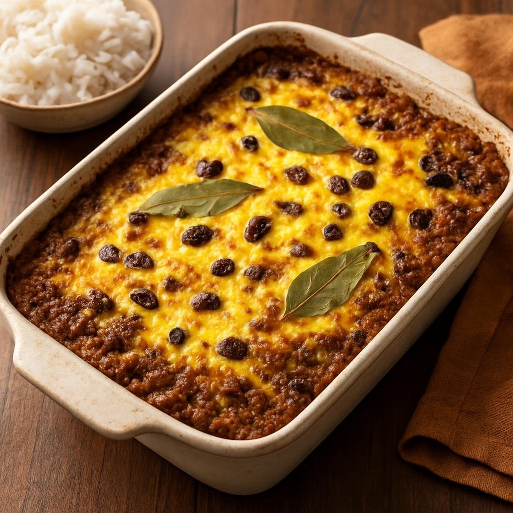 Entree: South Africa – Afrikaner / Boer – Bobotie Spiced Minced Meat Bake with Egg Custard recipe
