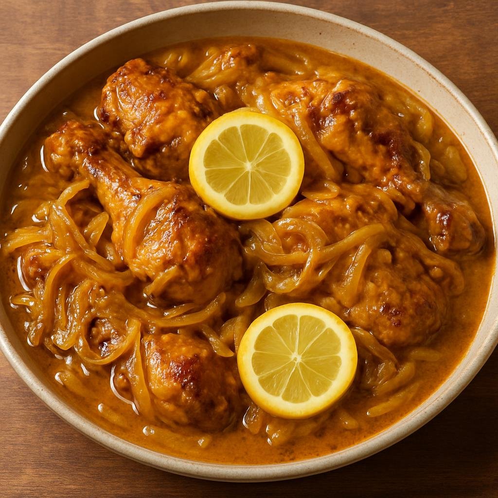 Entree: Mauritania – Southern Culinary Region – ياسا دجاج ➤ Yassa Dajaj (Marinated and seared chicken braised with caramelized onions, lemon and mustard sauce) recipe