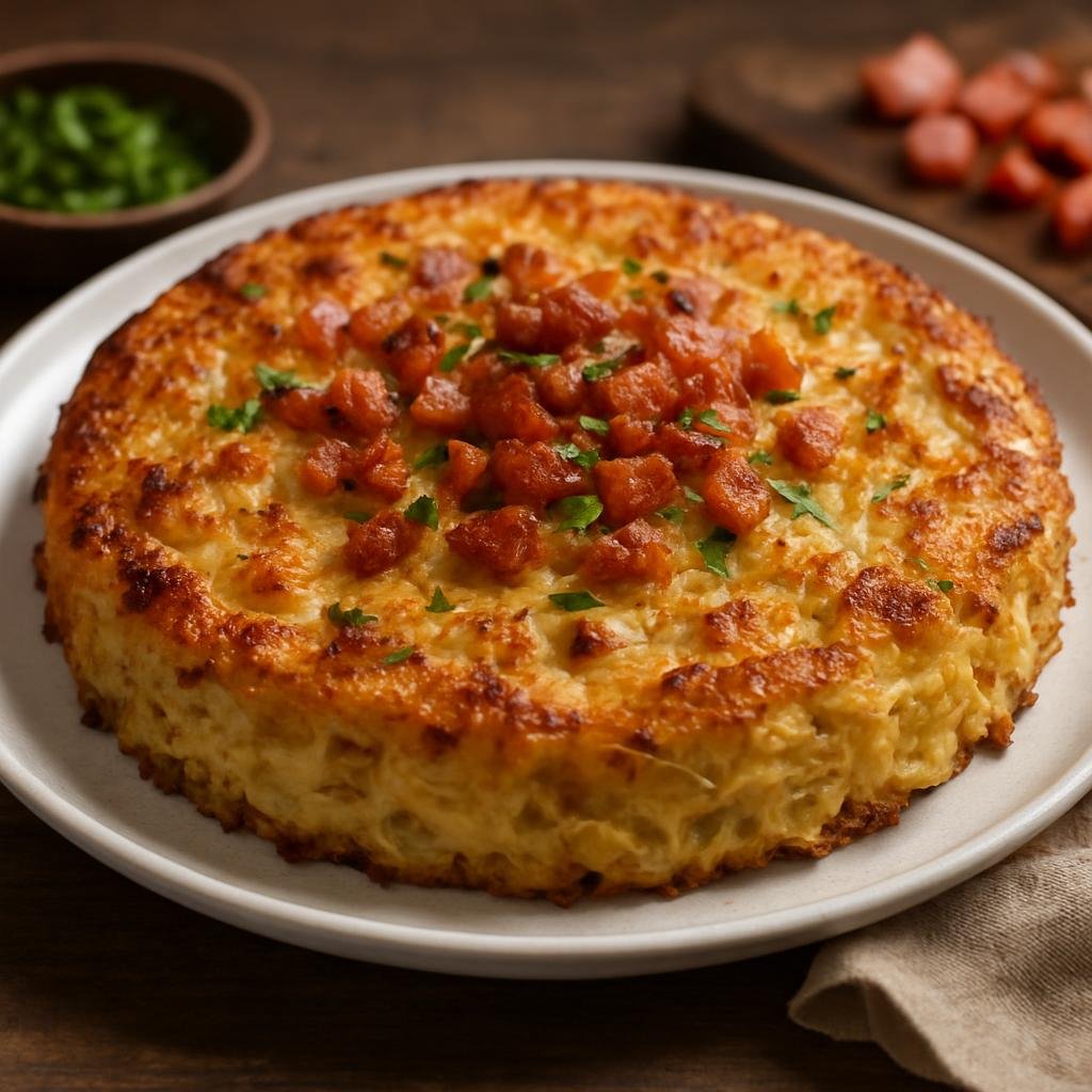 Entree: Lithuania – Southern Culinary Region – Kugelis (Baked Lithuanian potato pudding made with grated potatoes, eggs, bacon, and onions) recipe