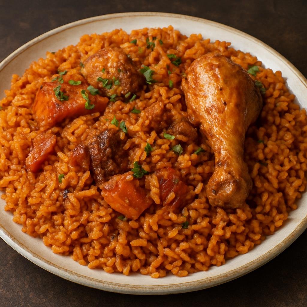 Entree: Guinea-Bissau – Southern Culinary Region – Jollof Rice (West African one-pot tomato and pepper rice cooked with spices and protein) recipe