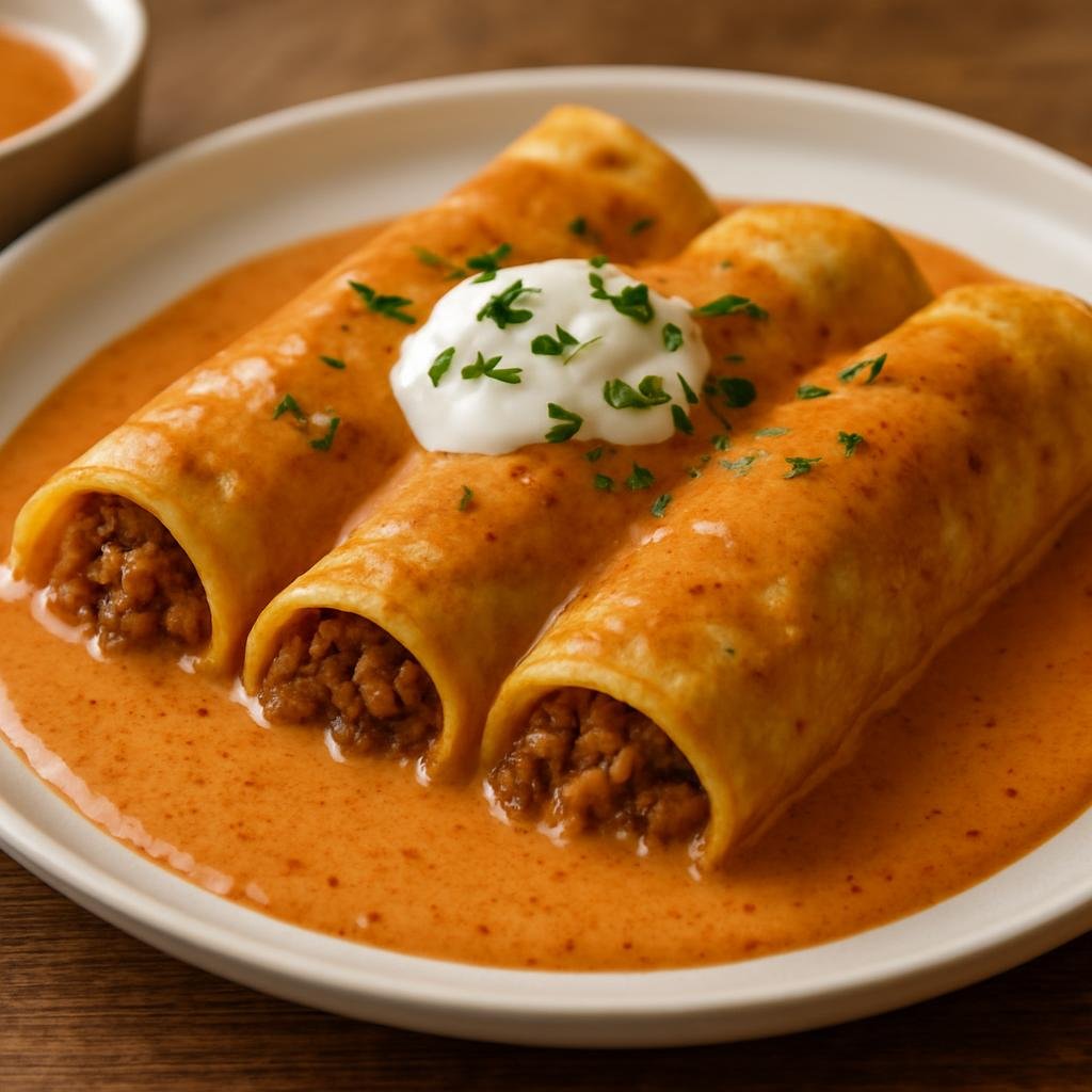 Entree: Hungary – Northern Hungary – Hortobágyi palacsinta (Savory Hungarian crepes filled with spiced minced meat and baked in a paprika-sour cream sauce) recipe