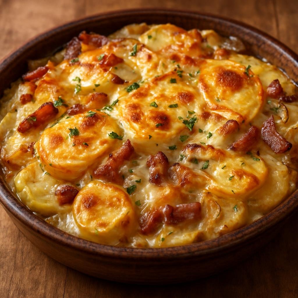 Entree: French Southern Territories – Northern Culinary Region – Tartiflette (Creamy alpine potato gratin with reblochon cheese, onions, and smoked bacon) recipe
