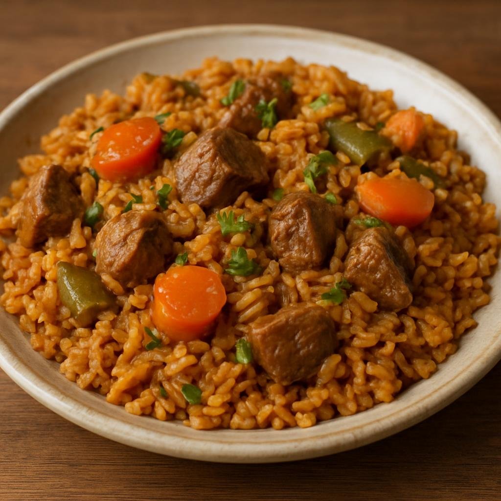 Entree: Burkina Faso – Northern Culinary Region – Riz Gras (Hearty West African seasoned rice cooked with meat and vegetables) recipe