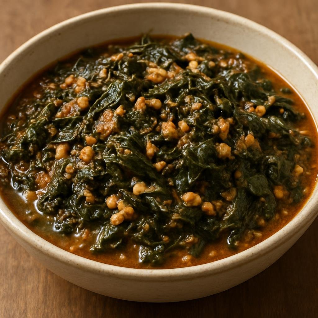 Entree: Botswana – Northern Culinary Region – Morogo Wa Dinawa (Stewed wild leafy greens cooked with groundnuts and aromatics) recipe