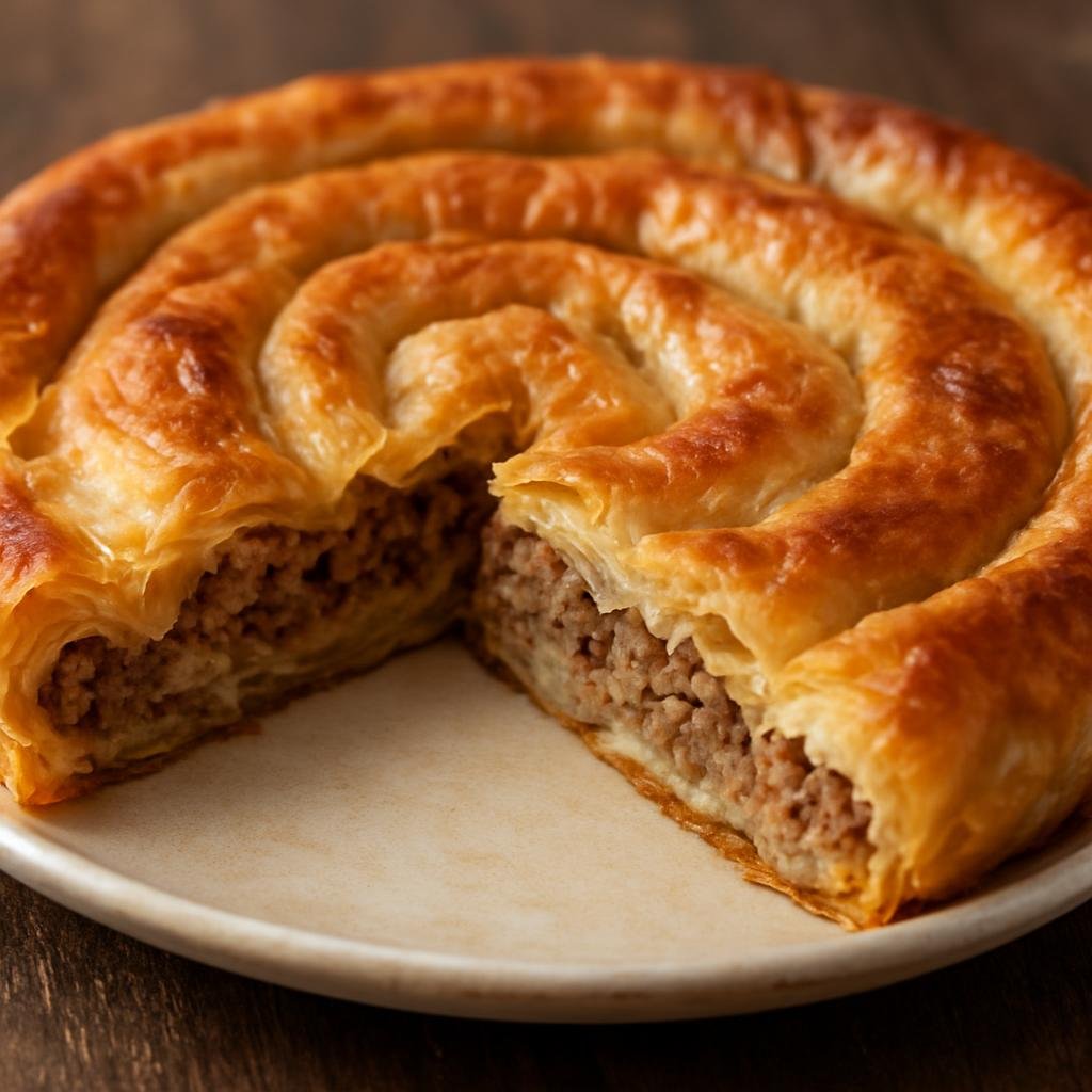 Entree: Bosnia and Herzegovina – Northern Culinary Region – Burek (Savory layered phyllo pastry filled with seasoned ground meat) recipe