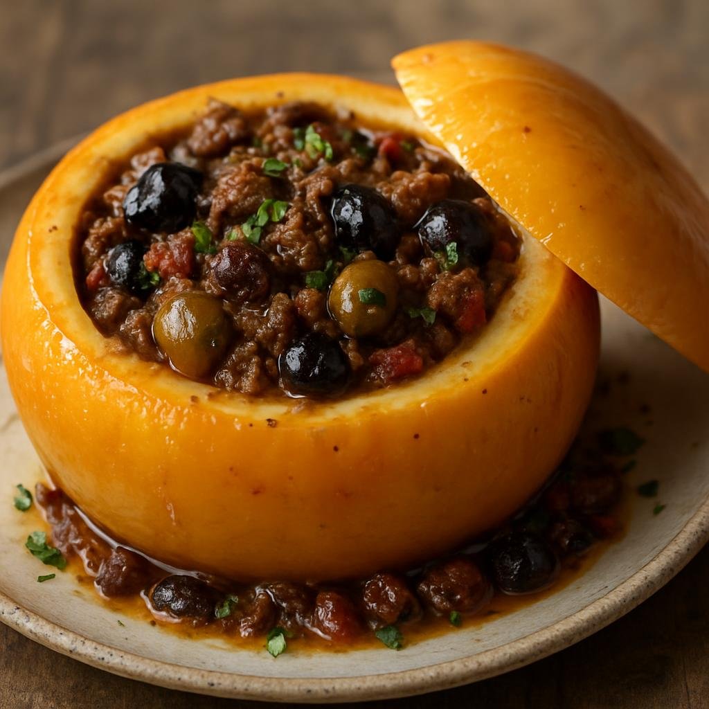 Entree: Bonaire, Sint Eustatius and Saba – Northern Culinary Region – Keshi Yena (Hollowed Edam cheese filled with a spiced meat, olive, raisin and pepper mixture baked until the cheese melts) recipe