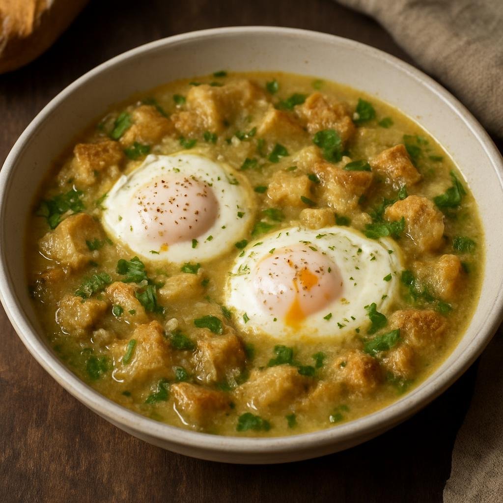 Entree: Portugal – Alentejo – Açorda Alentejana (Alentejo bread and garlic soup with poached eggs) recipe