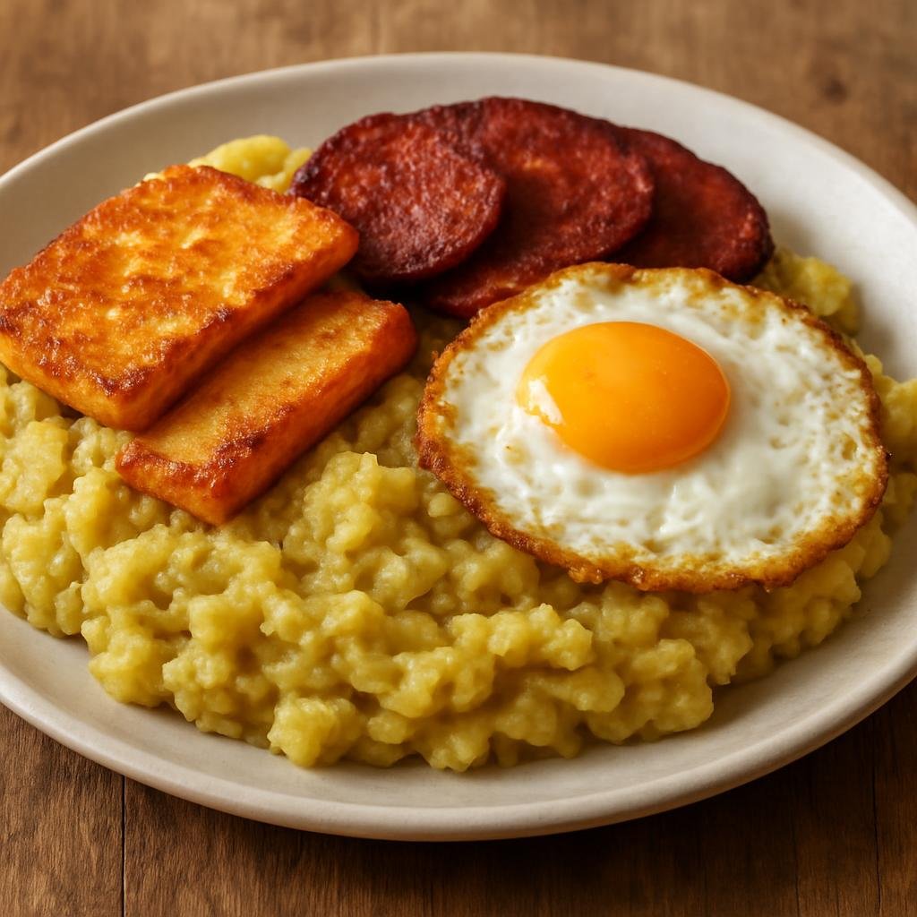 Entree: Dominican Republic – Central Culinary Region – Mangú con los tres golpes (Mashed Green Plantains with The Three Hits) recipe