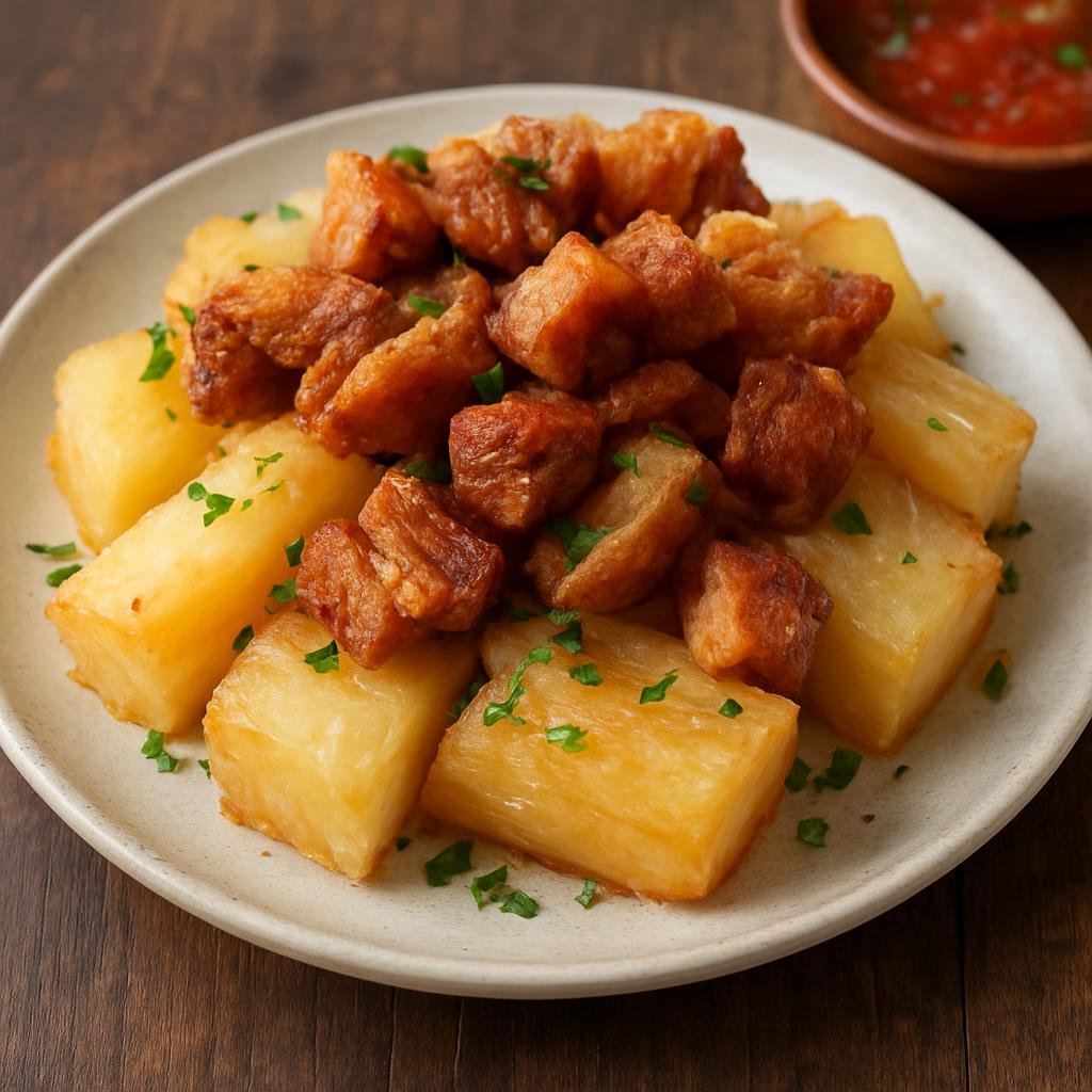 Entree: El Salvador – Central Culinary Region – Yuca con chicharrón (Cassava with Pork Cracklings) recipe