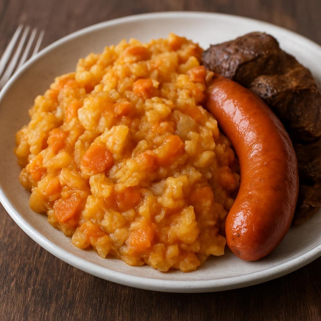 Entree: Netherlands – Holland / Amsterdam – Hutspot (Hearty Dutch mash of potatoes, carrots, and onions traditionally served with smoked sausage or braised beef) recipe