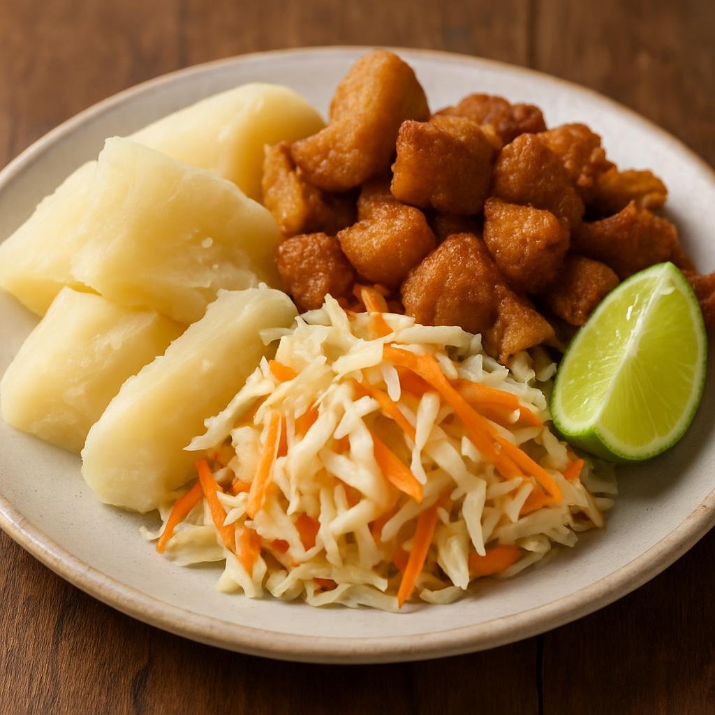 Entree: Nicaragua – National Cuisine – Vigorón (cassava with chicharrón and curtido) recipe