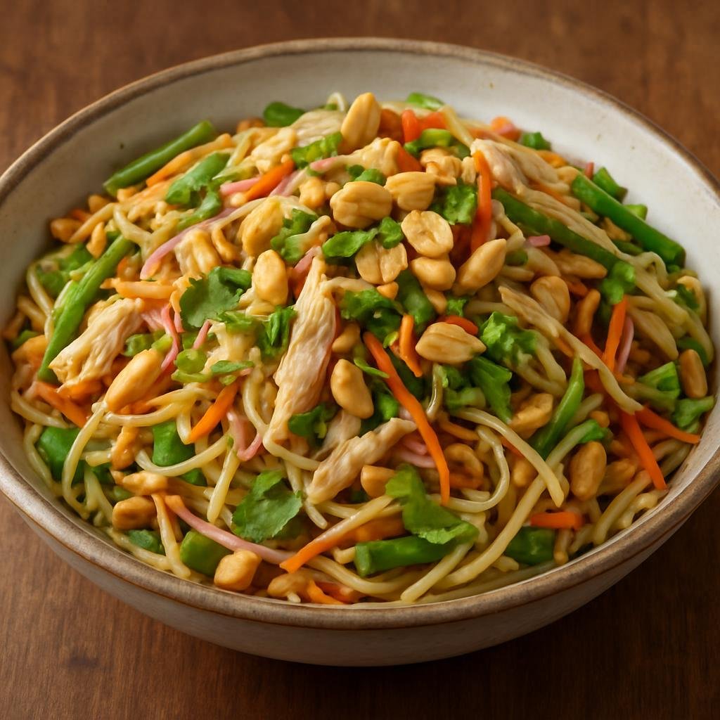 Entree: Myanmar – Mon Cuisine – ခေါက်ဆွဲသုပ် ➤ Khauk Swe Thoke (Burmese tossed wheat noodle salad with shredded chicken, crunchy vegetables, peanuts, and a tangy fish-sauce dressing) recipe