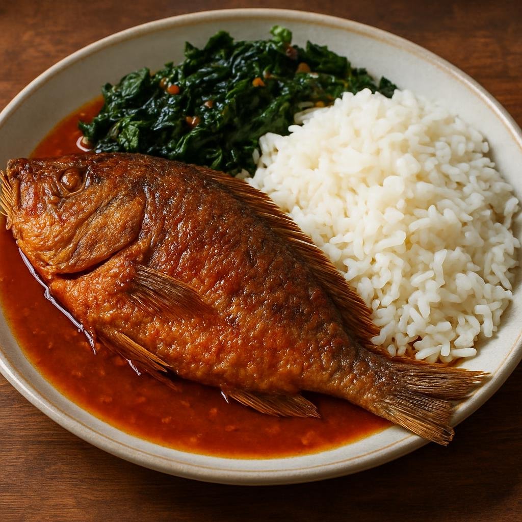 Entree: Malawi – Chambo (Fried freshwater tilapia with tomato-onion sauce and rice) recipe
