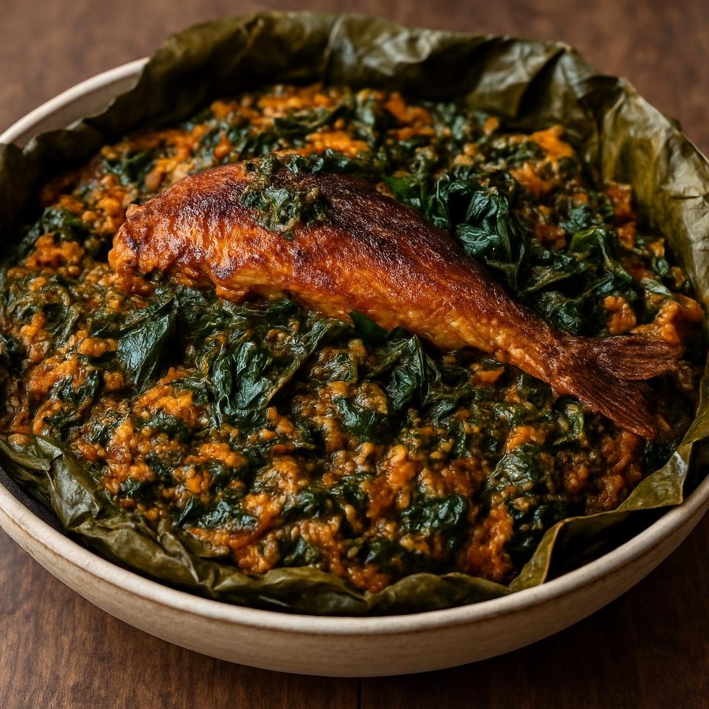 Entree: Nigeria – Calabar / Efik-Ibibio – Ekpang Nkukwo (Grated cocoyam steamed in leaves with palm oil, smoked fish and greens) recipe