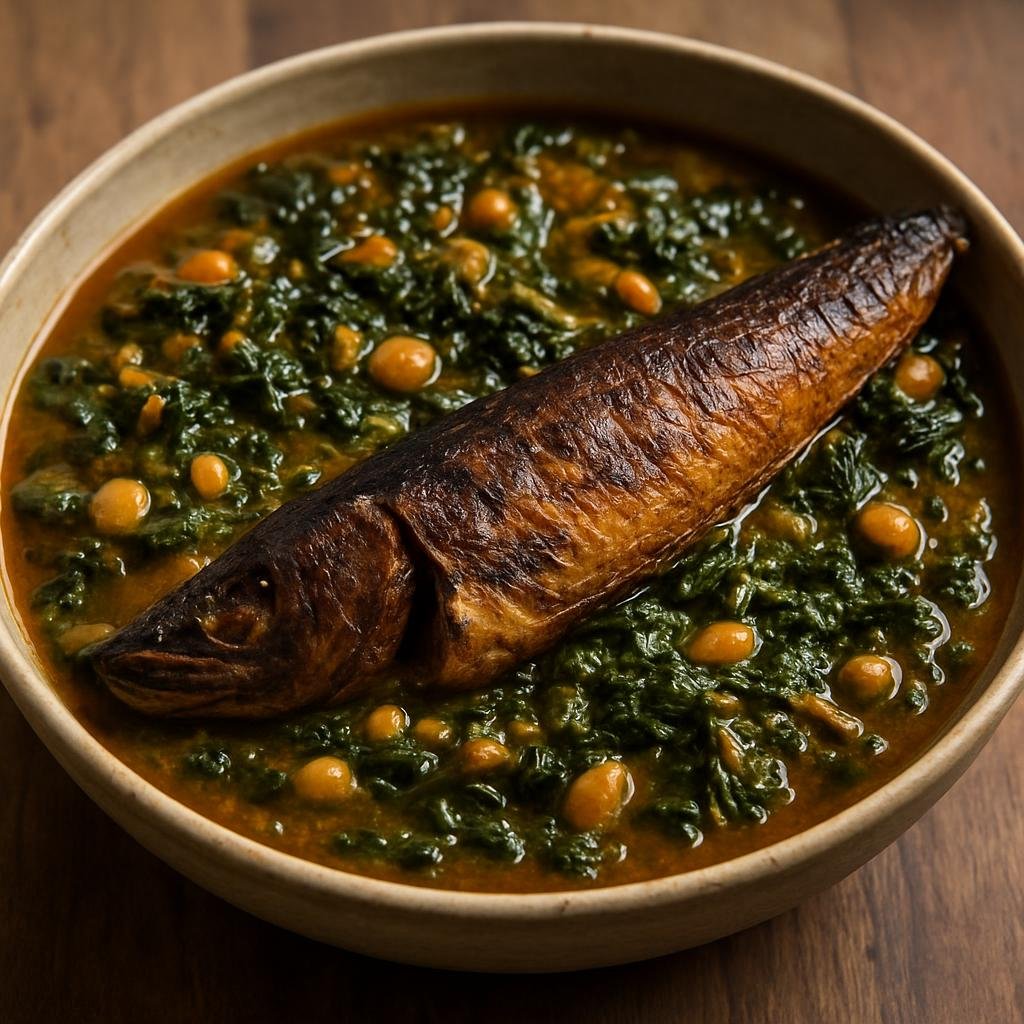 Entree: Burkina Faso – Central Culinary Region – Babenda (Smoked fish and greens stew with fermented locust bean and peanut) recipe