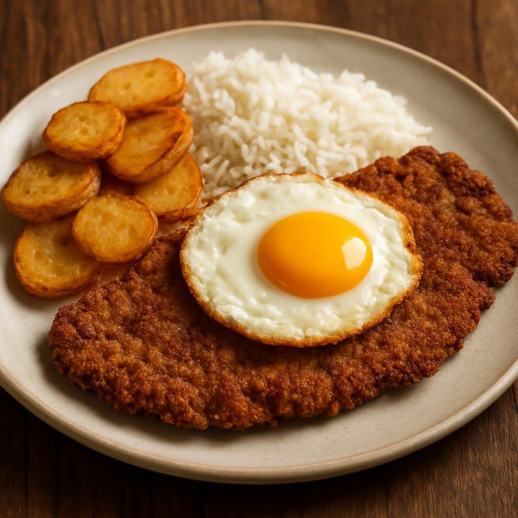 Entree: Bolivia – Silpancho (Breaded beef with rice, potatoes and fried egg) recipe