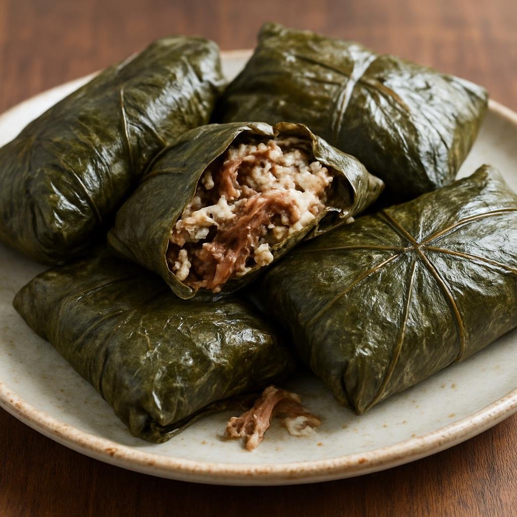Entree: Niue – Lu pulu (Taro leaf parcels with coconut and meat) recipe
