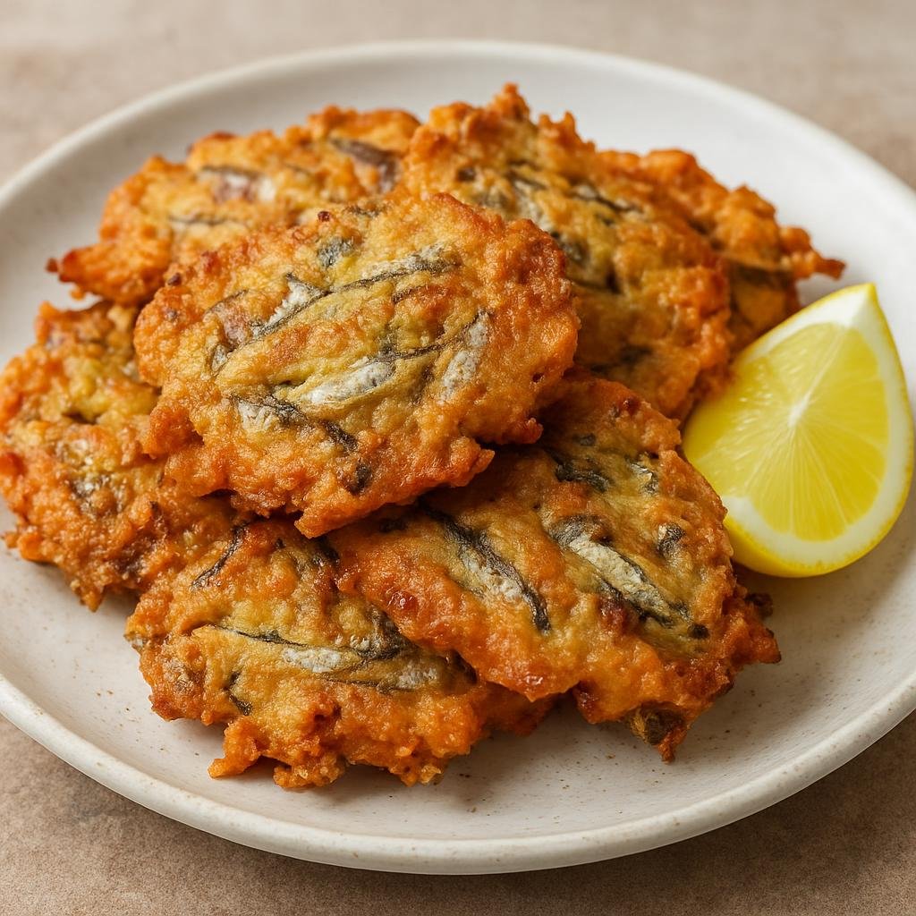 Entree: New Zealand – Auckland & North Island – Whitebait Fritters (Light pan-fried fritters made by binding small whole juvenile fish with egg and flour) recipe